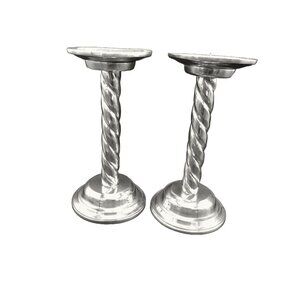 2 Aluminum/Pewter(?) Silver Candle Holders Sticks with Twist/Swirl Design 10"